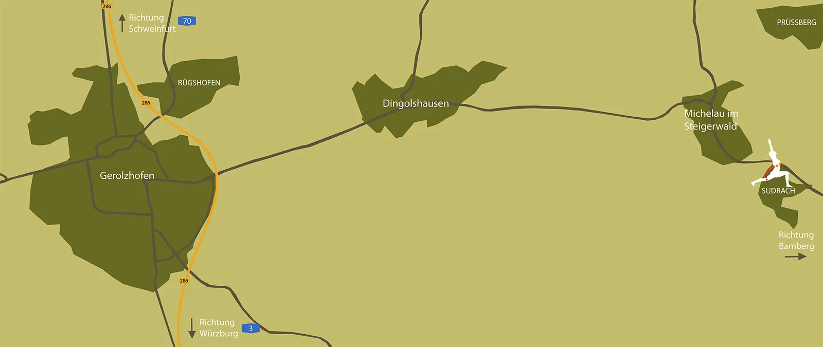 Anfahrtsskizze zur Praxis in Sudrach bei Michelau im Steigerwald. Klick öffnet die Route in Google Maps.
