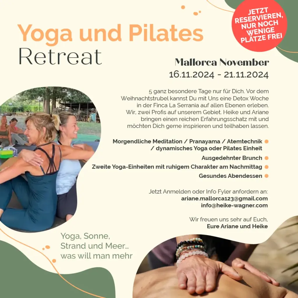 Ankündigung Yoga- und Pilates-Retreat auf Mallorca vom 16. bis 21. November 2024